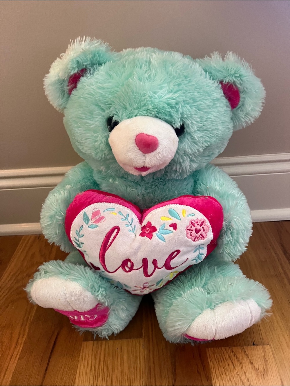 Aqua Plush Teddy Bear Holding 'Love' Heart 2019